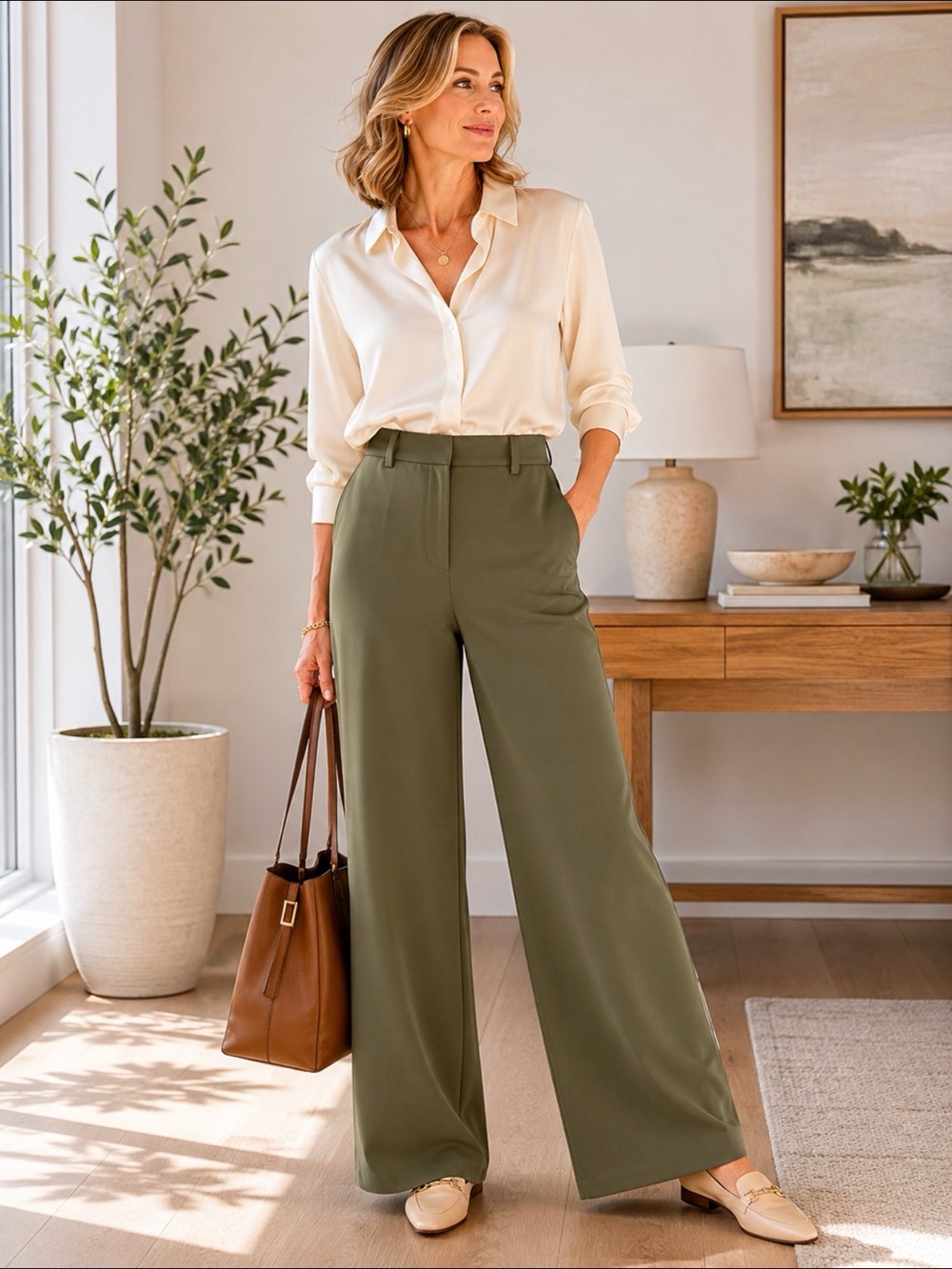 Quince Olive Stretch Crepe Paperbag Pants Size 14 Wide Leg Career